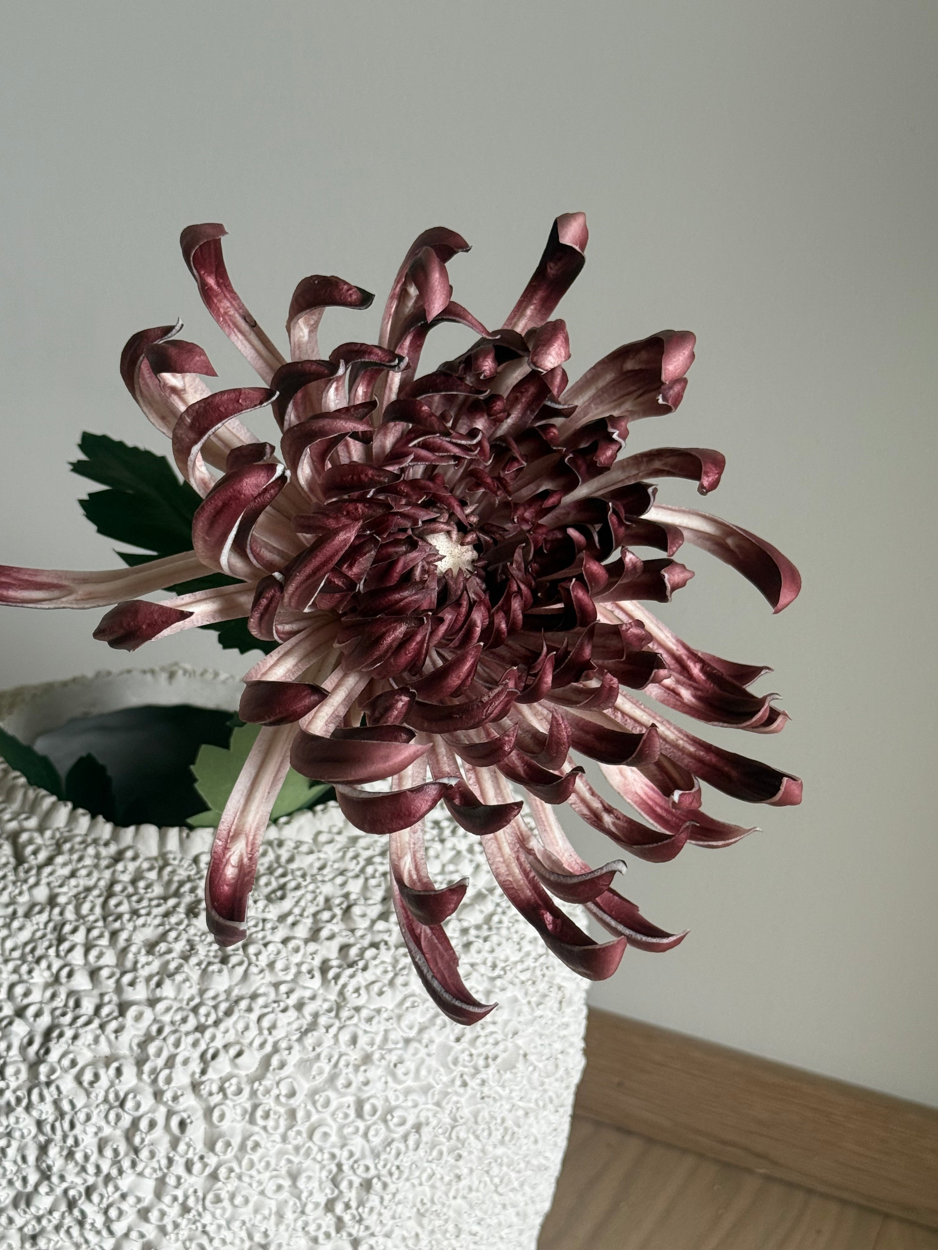 Kunstig krysantemum stor purple med naturtro detaljerte kronblader, grønn og burgunder fargetone