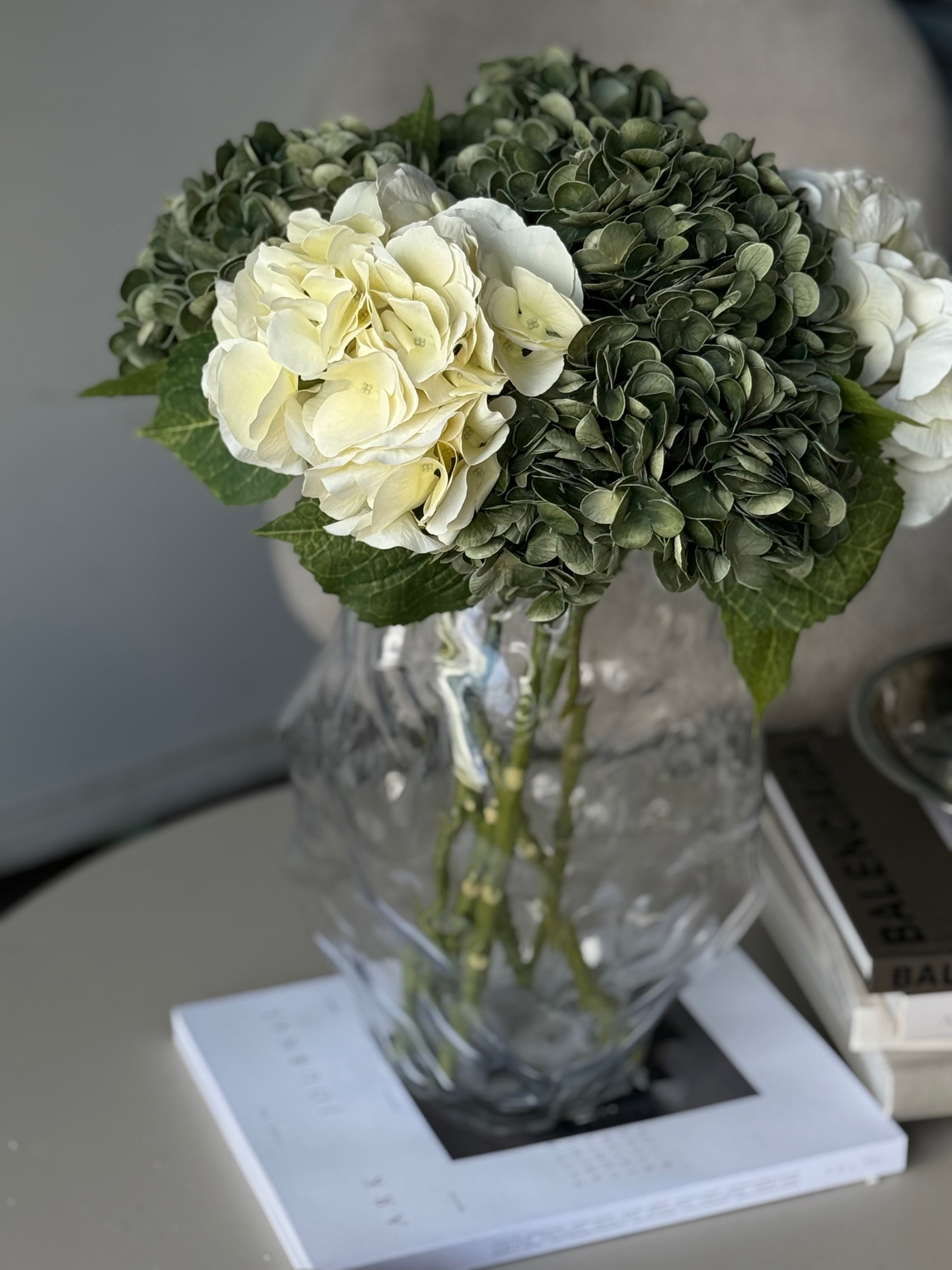 Hortensiabukett med mørke grønne og kremhvite blomstertopper mot nøytral bakgrunn