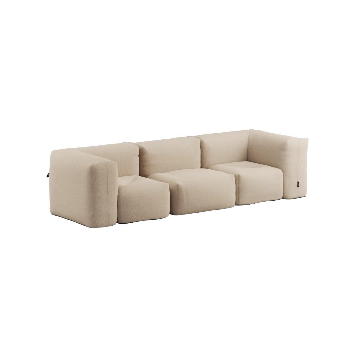 Soft 3 seter beige – rammeløs utesofa i varm beige tekstil på terrasse