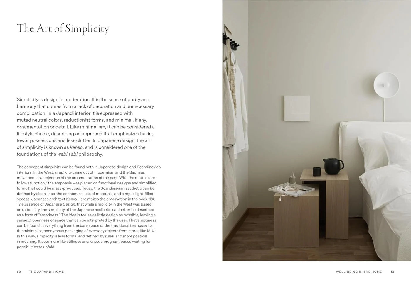 The Japandi Home, oppslag med minimalistisk interiørfoto og tekst om skandinavisk-japansk designfilosofi