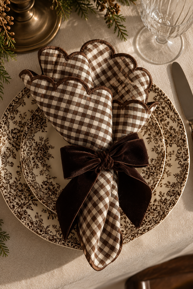 Linservietter mørk brun gingham 2pk