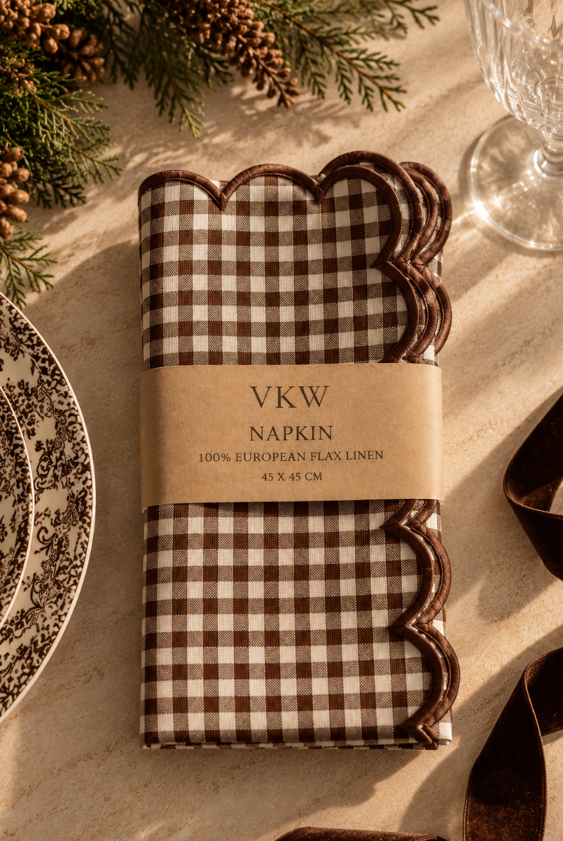 Linservietter mørk brun gingham 2pk