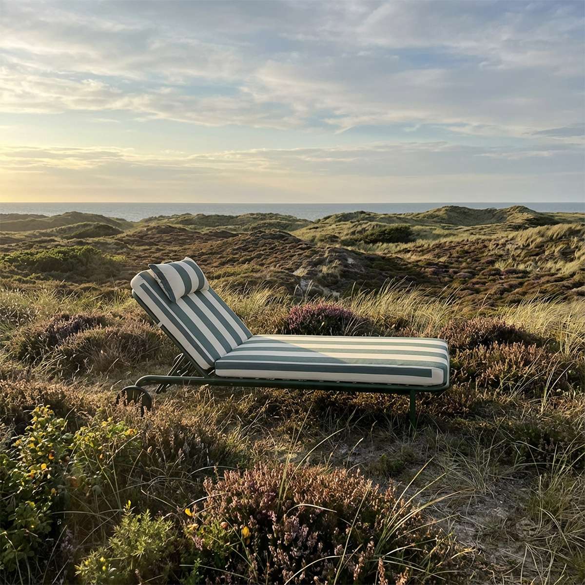 Mollis solseng olive sett fra siden, med tydelig ramme og flatt liggeplan i moderne utendørsdesign