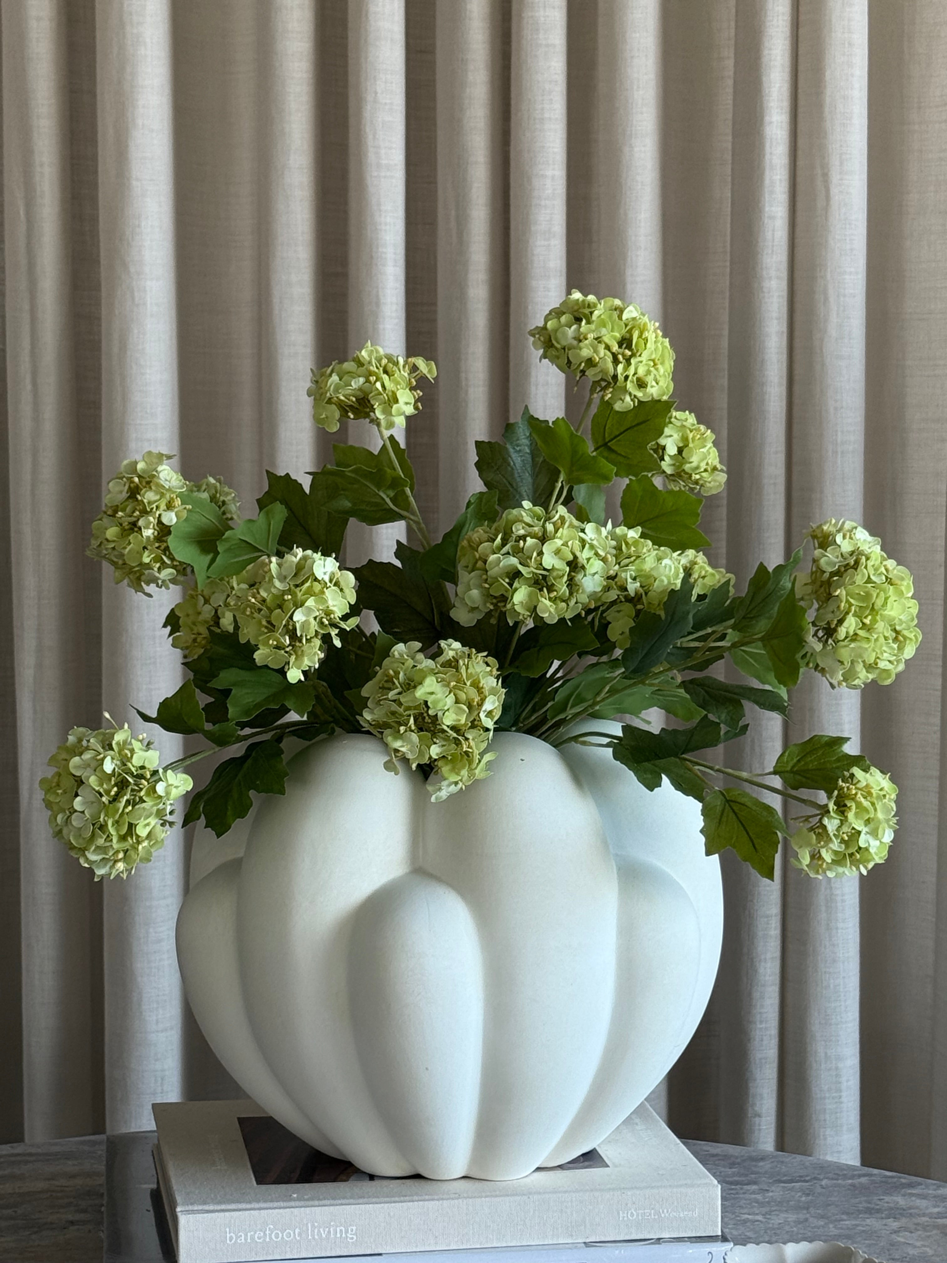 Hortensia lys grønn 3, gren med tre små lysegrønne hortensiablomster, dempet grønn blomsterfinish