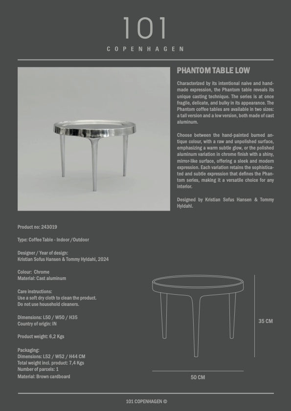 Phantom krom sofabord lav — støpt aluminium med polert kromfinish, produktbilde på nøytral bakgrunn