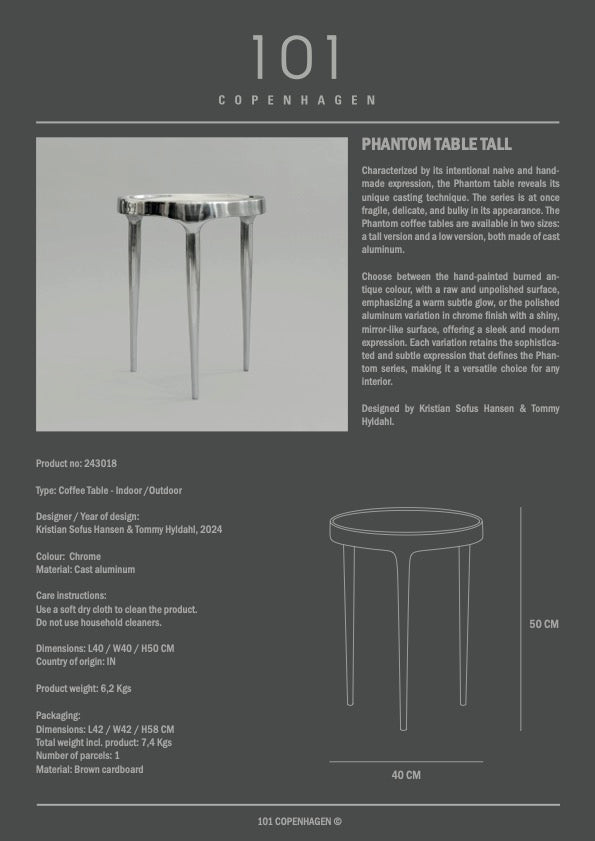Phantom krom sofabord høy — støpt aluminium med blank, speillignende kromfinish, produktbilde