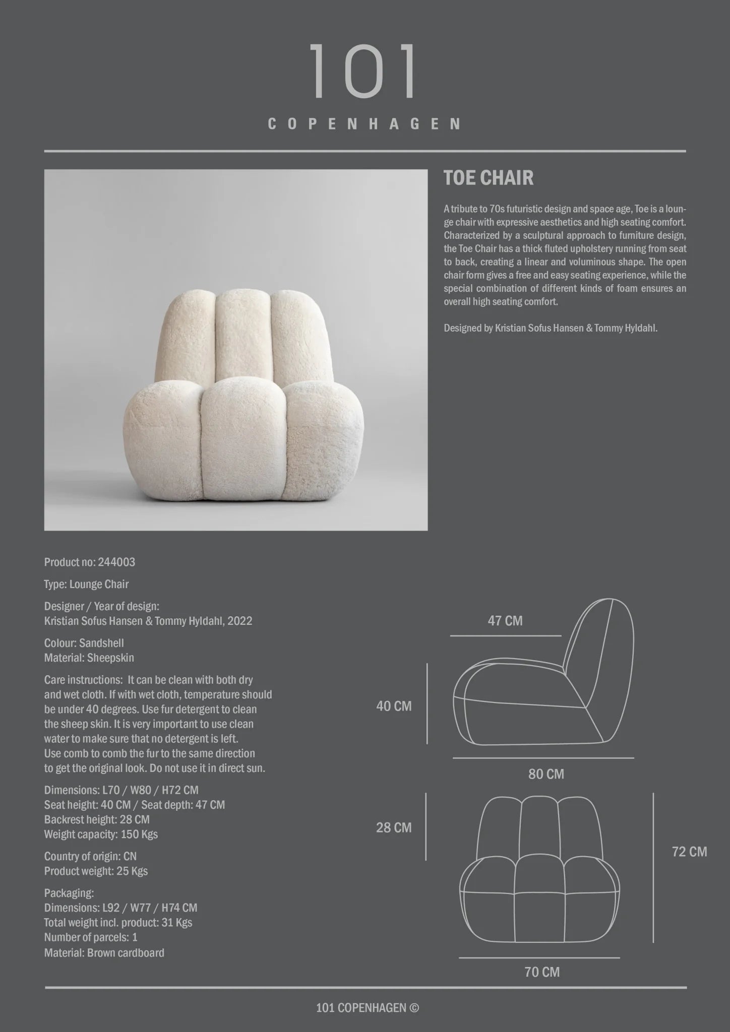 Toe Chair Sandshell Sheepskin – stilark med materialoversikt og skulpturell form fra 1970-tallets futurisme
