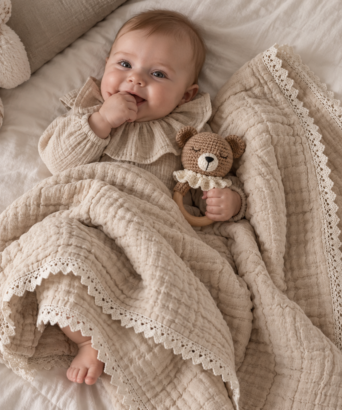 6-lags musselinteppe beige