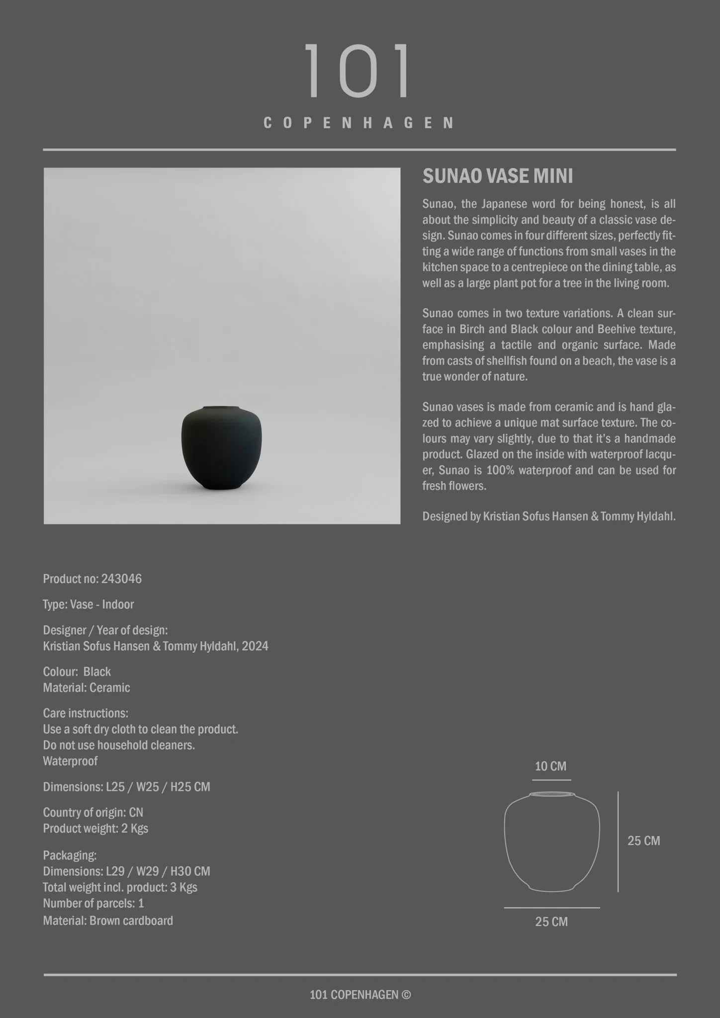 Sunao vase mini svart med målskisse – dimensjoner og proporsjoner i klassisk vaseform